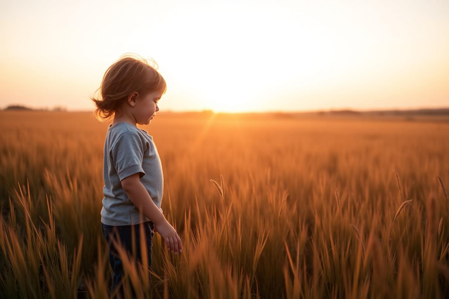 A child standing peacefully in an open field at sunrise, symbolizing hope and safety